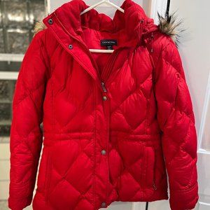 Lands’ End Down Red Parka Jacket / Winter Coat with Faux Fur Hood Women’s Size S